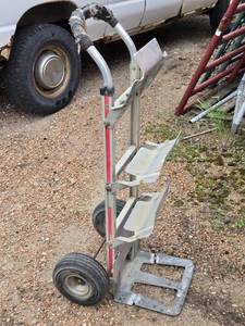 lot 45 image: Oxygen or CO2 Tank Hand Truck - Bottom Plate seems to have been cut, has fold updown shelves for tanks