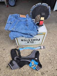 lot 172 image: Lot of Denim Jeans W 38 L 32, Pet Harness, and Decorative Wooden Turkey