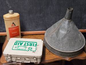 lot 173 image: Partial Bottle of Allis-Chalmers Power Fluid 821, Vintage First Aid Kit and Funnel