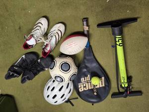 lot 185 image: Sporting Goods Including Spikes Sizes 10 and 10.5, Bicycle Pump and Equipment