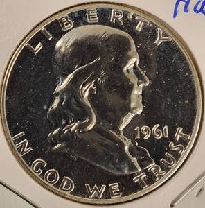 lot 37 image: 1961-P Benjamin Franklin Half- Proof  MS 70