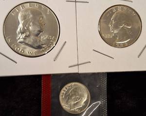 lot 38 image: 1963-D Benjamin Franklin Half Washington Quarter, Dime From Mint Set