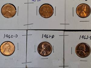 lot 48 image: 6 BU Red Lincoln Cents - 1957,58,59,60,61,62 D