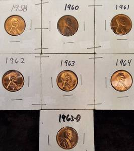 lot 49 image: 7 BU Red Lincoln Cents - 1958,60,61,62,63,64 - P   1963  D