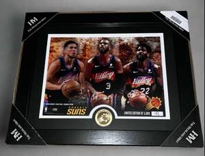 lot 9 image: Limited Edition #43 - Highland Mint Phoenix Suns Devin Booker, Chris Paul, and DeAndre Ayton Bronze Coin Basketball Photo 