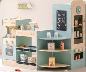 lot 25 image: ROBUD Grocery Store Playset, Kids Play Store, Wooden Supermarket Playset with Cash Register, Chalkboard, Vending Machine, Coffee Machine, Oven, Play Food Accessories, Gift for Boys Girls - Damaged Box Potentially Missing Hardware