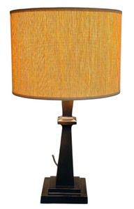 lot 43 image: Stylish Pottery Barn Dark Brown Metal Table Lamp with Linen Shade