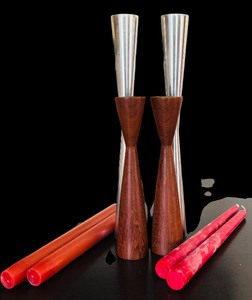 lot 45 image: Two Sets of Candle Holders in Wood and Silver including Four Tapper Candles
