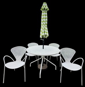 lot 6 image: Room & Board White Metal Patio Set with 4 Chairs, Table, and Green Striped Umbrella