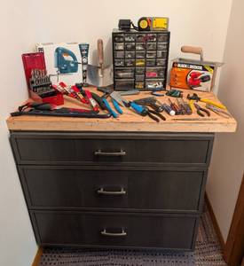 lot 112 image: Repurposed Cabinet Workbench and Tools