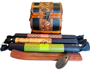 lot 126 image: Calming Lot of Incense Sticks, Small Chest for Trinkets and Wood Incense Base