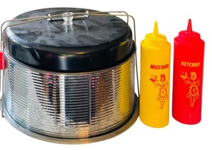 lot 127 image: Vintage Metal Cake Carrier and Nostalgia Ketchup & Mustard Dispensers