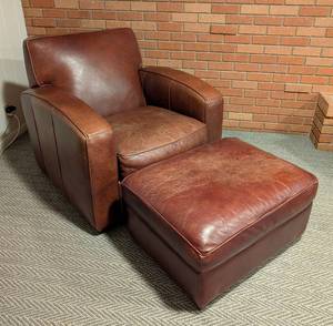 lot 9 image: Room and Board Chestnut Leather Armchair and Ottoman