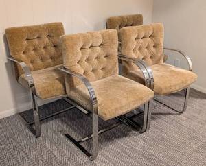Mid Century Taupe Upholstered In the Style of Mies Van der Rohe Brno Chrome Armchair Set