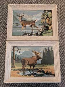 lot 61 image: Pair of Framed Deer and Moose Paint by Numbers Paintings