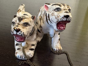 lot 50 image: Pair of Small Siberian White Tiger Figurines with Gold Flecks