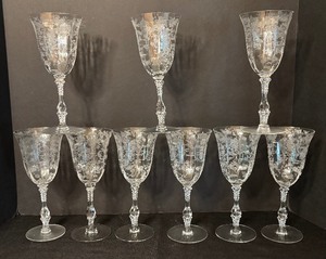 lot 25 image: Nine Vintage Cambridge Rose Point Etched Water Goblets