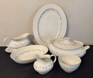 lot 35 image: Royal Doulton Cadence Platter, Bowl, Covered Dish, Gravy Boat Creamer Pitcher and Sugar Dish