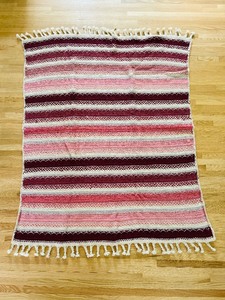 lot 52 image: Handmade Knitted Afghan Aztec Pink Cream Mauve Fringe Blanket Throw