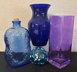 lot 112 image: Vibrant Glass Bottle, Vases and Glass Ball Figurine