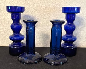 lot 123 image: Cobalt Blue Glass Candle Holders by Lindshammer and Upper Canada Soap & Candle Makers