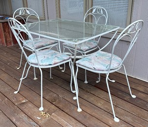 lot 19A image: 5-Piece Vintage White Wrought Iron Patio Set with Glass Top
