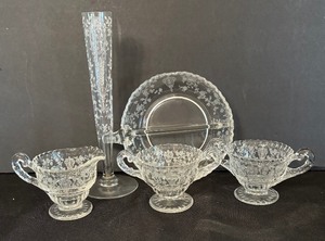lot 184 image: Vintage Cambridge Rose Point Etched Crystal Vase, Divided Dish, Sugar Dishes and Creamer Pitcher