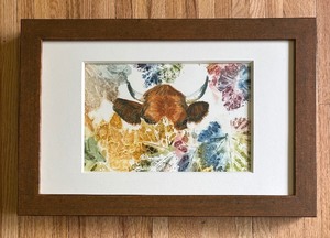 lot 186 image: Framed Watercolor Painting of a Cow by Helen J.Moreland