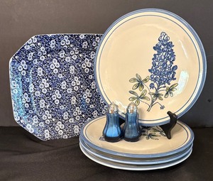 lot 188 image: Lovely Blue and White Calico Platter, Louisville Stoneware Dinner Plates and Salt  Pepper Shakers