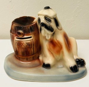 lot 387 image: Vintage Ceramic St. Bernard Bank with Whiskey Barrel  Mid-Century Dog Bank with Whisky Barrel