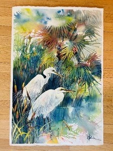 lot 220 image: Original Watercolor Painting Depicting Egrets Amidst Palm Trees