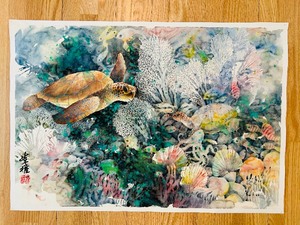 lot 206 image: Sea Turtle and Coral Reef Original Watercolor Painting
