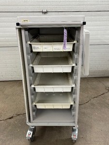 lot 8 image: Innerspace Storage Supply Cart With 4 Slide Out Drawers, Drop Down Side Table & Accordian Door Closure -combines versatility and durability for efficient medical storage. Perfect for organizing supplies. Great condition.