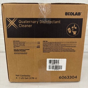 lot 85 image: MSRP $400  1 Case (4 gallons) NEW Ecolab 6063304 1-Gallon Quaternary Disinfectant Cleaner -Cleans, disinfects & deodorizes in one powerful step Works on hard, non-porous surfacesperfect for floors, walls, fixtures & more