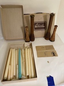 lot 68 image: Vintage Wooden Spools & Candle Sticks