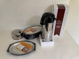 lot 126 image: GEVALIA KAFFE AIRPOT 60 oz. Vacuum Bottle, 6 Serv-A-Sizzle Aluminum Sizzle Platters, Paul Revere Ware Whistling Teapot Kettle Copper Bottom