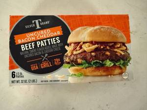 lot 102 image: G. 2lbs(6x 13lb) Beef Patties-uncured bacon & cheddar