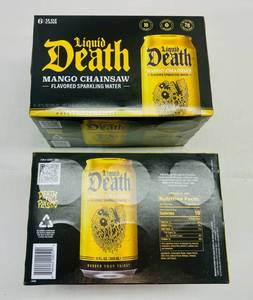 lot 393 image: 2x 6pk Liquid Death Water-Mango Chainsaw Sparkling Water