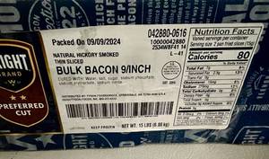 lot 167 image: H. 15lbs Bulk Bacon Natural Hickory Smoked-Wright Brand