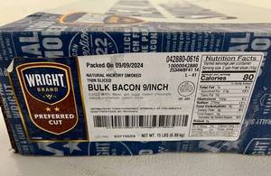 lot 169 image: H. 15lbs Bulk Bacon Natural Hickory Smoked-Wright Brand