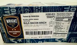 lot 170 image: H. 15lbs Bulk Bacon Natural Hickory Smoked-Wright Brand
