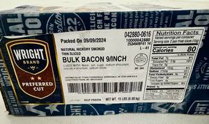 lot 171 image: H. 15lbs Bulk Bacon Natural Hickory Smoked-Wright Brand