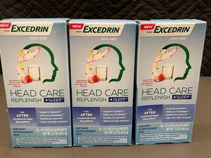 lot 181 image: NM 1 - 3 Boxes of Excedrin Head Care Replenish  Sleep Dietary Supplement Mix - 16 Packets Each