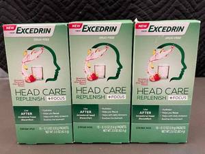 lot 183 image: NM 1 - Excedrin Head Care Replenish  Focus Drink Mix - 3 Boxes, 16 Packets Each