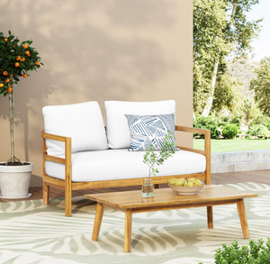 lot 76 image: 2PCS Edwin Outdoor Acacia Wood Loveseat and Coffee Table Set with Cushions