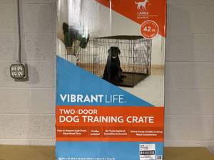 lot 462 image: Vibrant Life Double Door Metal Wire Dog Crate, Leak-Proof Pan & Divider for Dogs Up to 90 lbs