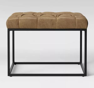 lot 187 image: Trubeck Tufted Metal Base Ottoman Faux Leather Brown - Threshold Padded Footstool, No Assembly Required