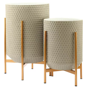 lot 346 image: Gray Honeycomb Metal Cachepot Planters with Gold Stands