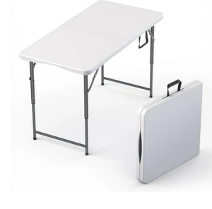 lot 390 image: 4 Feet Foldable Table Adjustable Height with Built in Handle, Steel Legs  Heavy Duty Portable  Perfect for Party, Dining, Wedding, Events, Picnic Indoor, Outdoor, Camping, Utility, Temporary