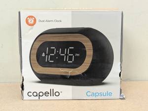 lot 73 image: Capsule Alarm Table Clock Black - Capello LED Display, Wood Accent, Modern Bedroom & Bedside Design